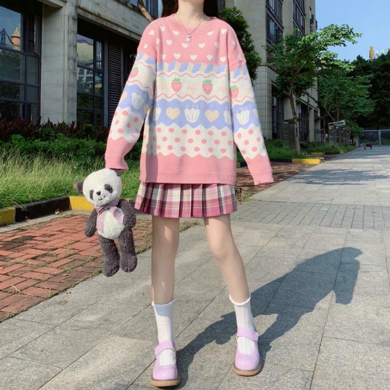 Y2K Pink Strawberry Sweater - 90s Grunge, Retro Summer, Pastel Goth, Y2K Fashion