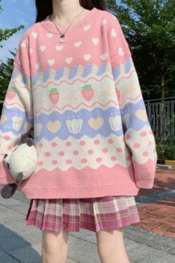 Y2K Pink Strawberry Sweater - 90s Grunge, Retro Summer, Pastel Goth, Y2K Fashion
