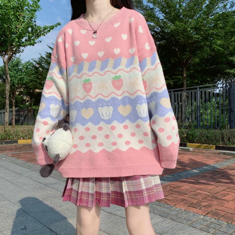 Y2K Pink Strawberry Sweater - 90s Grunge, Retro Summer, Pastel Goth, Y2K Fashion