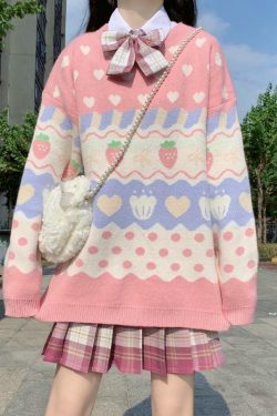 Y2K Pink Strawberry Sweater - 90s Grunge, Retro Summer, Pastel Goth, Y2K Fashion
