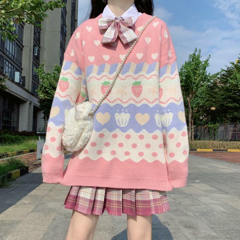 Y2K Pink Strawberry Sweater - 90s Grunge, Retro Summer, Pastel Goth, Y2K Fashion