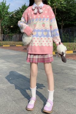 Y2K Pink Strawberry Sweater - 90s Grunge, Retro Summer, Pastel Goth, Y2K Fashion