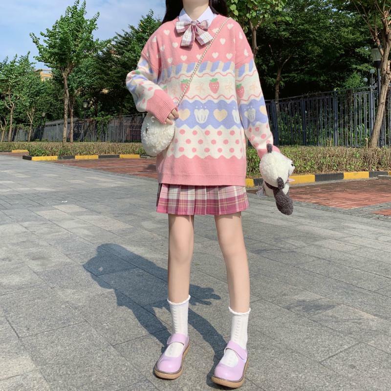Y2K Pink Strawberry Sweater - 90s Grunge, Retro Summer, Pastel Goth, Y2K Fashion