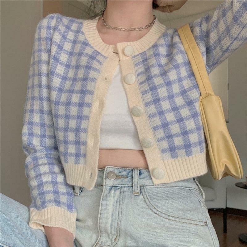 Y2K Plaid Button Cardigan - Retro 90s Grunge, Summer Outfits, Y2K Fashion, Pastel Goth Style