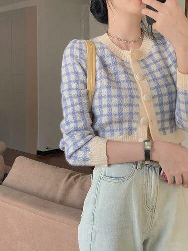 Y2K Plaid Button Cardigan - Retro 90s Grunge, Summer Outfits, Y2K Fashion, Pastel Goth Style