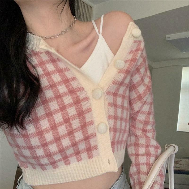 Y2K Plaid Button Cardigan - Retro 90s Grunge, Summer Outfits, Y2K Fashion, Pastel Goth Style