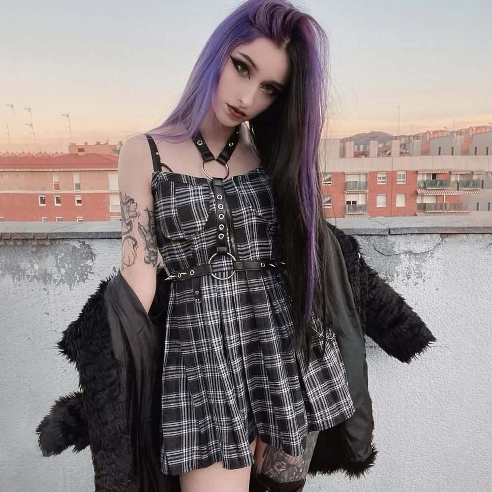 Y2K Plaid Gothic Punk Chain Pleated Mini Dress - 90s Grunge Summer Outfit for Retro Fashion
