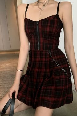 Y2K Plaid Gothic Punk Chain Pleated Mini Dress - 90s Grunge Summer Outfit for Retro Fashion