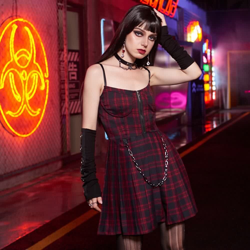 Y2K Plaid Gothic Punk Chain Pleated Mini Dress - 90s Grunge Summer Outfit for Retro Fashion