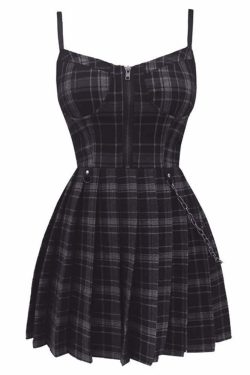 Y2K Plaid Gothic Punk Chain Pleated Mini Dress - 90s Grunge Summer Outfit for Retro Fashion