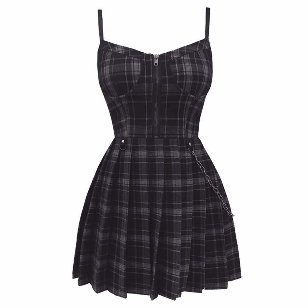 Y2K Plaid Gothic Punk Chain Pleated Mini Dress - 90s Grunge Summer Outfit for Retro Fashion