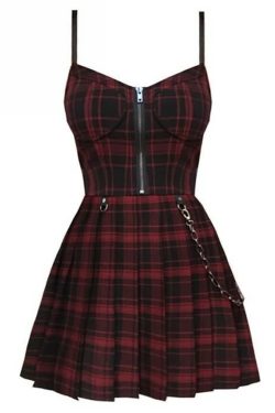 Y2K Plaid Gothic Punk Chain Pleated Mini Dress - 90s Grunge Summer Outfit for Retro Fashion