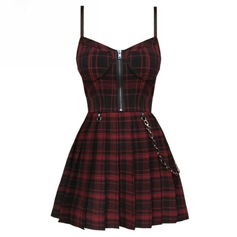 Y2K Plaid Gothic Punk Chain Pleated Mini Dress - 90s Grunge Summer Outfit for Retro Fashion