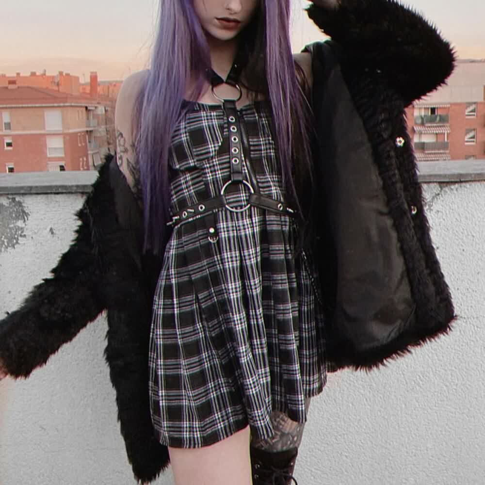 Y2K Plaid Gothic Punk Chain Pleated Mini Dress - 90s Grunge Summer Outfit for Retro Fashion