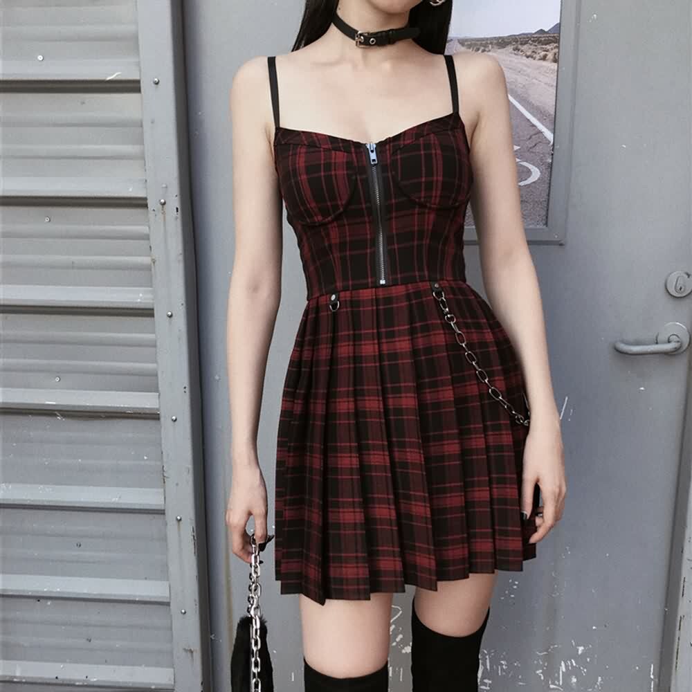 Y2K Plaid Gothic Punk Chain Pleated Mini Dress - 90s Grunge Summer Outfit for Retro Fashion