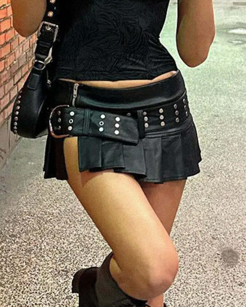 Y2K Pleated Leather Mini Skirt - 90s Grunge, Retro Goth, Summer Party & Club Outfits