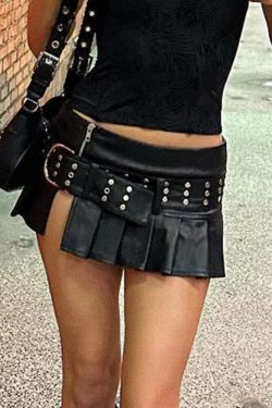 Y2K Pleated Leather Mini Skirt - 90s Grunge, Retro Goth, Summer Party & Club Outfits