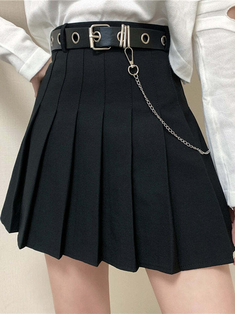 Y2K Pleated Skirt with Belt - Black | 90s Grunge, Retro, Summer & Party Outfits