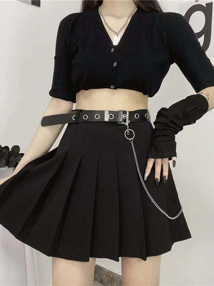 Y2K Pleated Skirt with Belt - Black | 90s Grunge, Retro, Summer & Party Outfits
