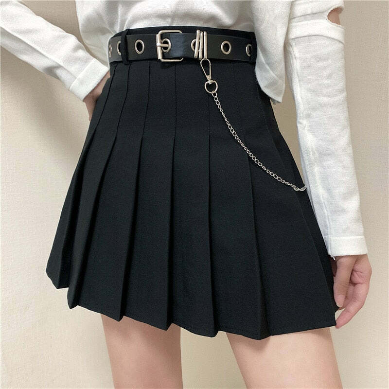 Y2K Pleated Skirt with Belt - Black | 90s Grunge, Retro, Summer & Party Outfits
