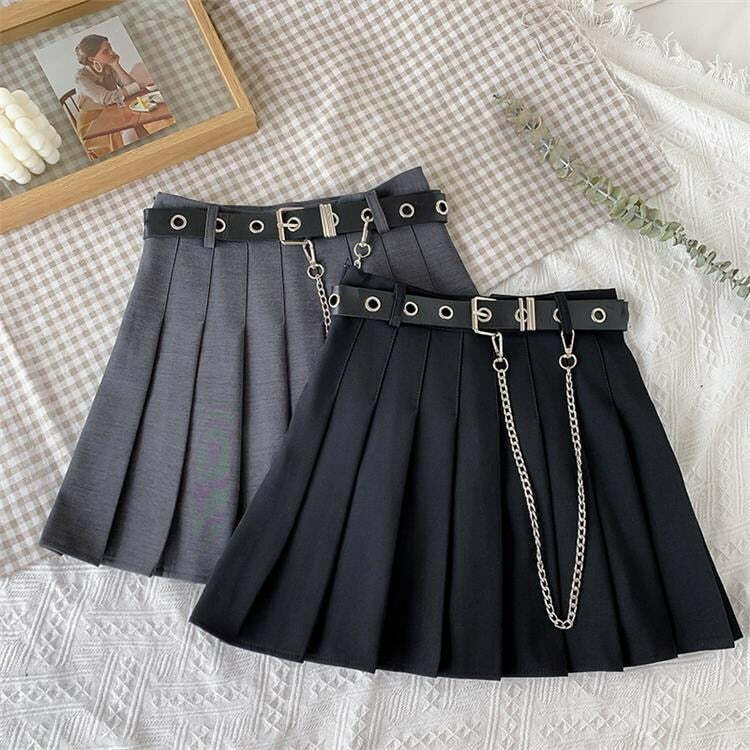 Y2K Pleated Skirt with Belt - Black | 90s Grunge, Retro, Summer & Party Outfits