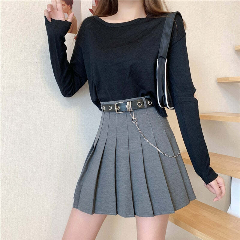 Y2K Pleated Skirt with Belt Gray - Retro 90s Grunge Summer Outfit, Y2K Fashion Essentials