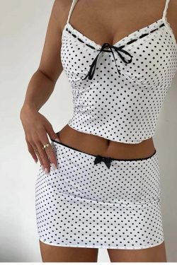 Y2K Polka-Dot Mini Skirt Set - Retro 90s Grunge Summer Outfit, Perfect for Y2K Parties