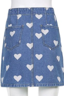 Y2K Polka Hearts Denim Skirt - 90s Grunge Summer Outfit, Retro Y2K Fashion for Women