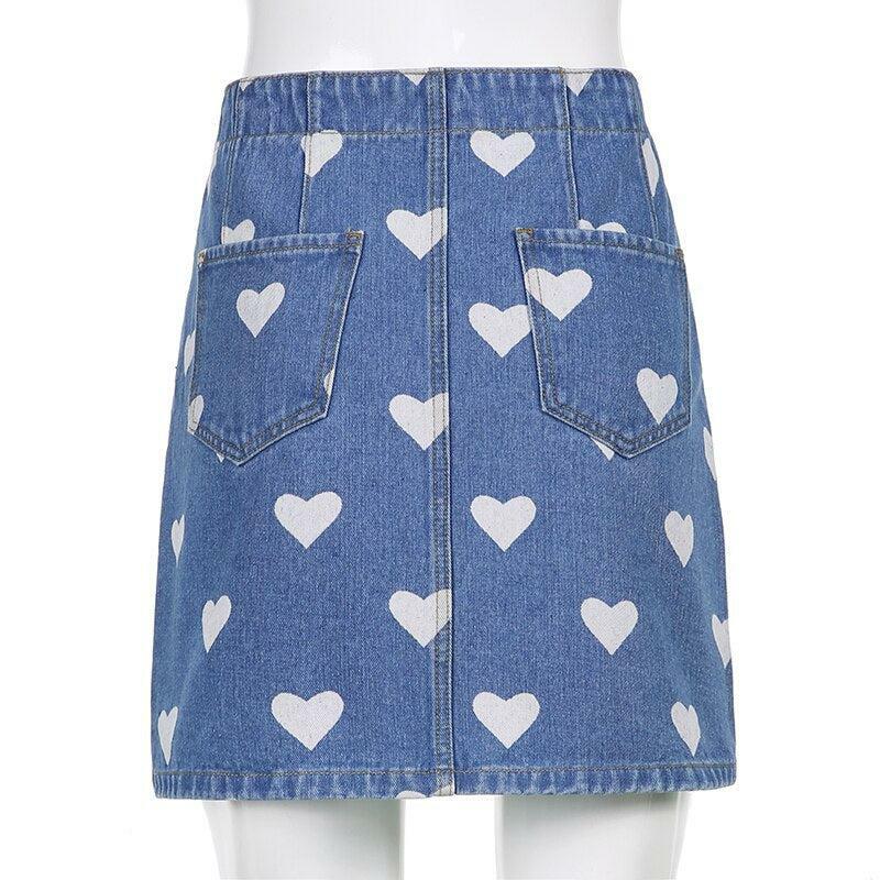 Y2K Polka Hearts Denim Skirt - 90s Grunge Summer Outfit, Retro Y2K Fashion for Women