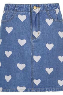 Y2K Polka Hearts Denim Skirt - 90s Grunge Summer Outfit, Retro Y2K Fashion for Women