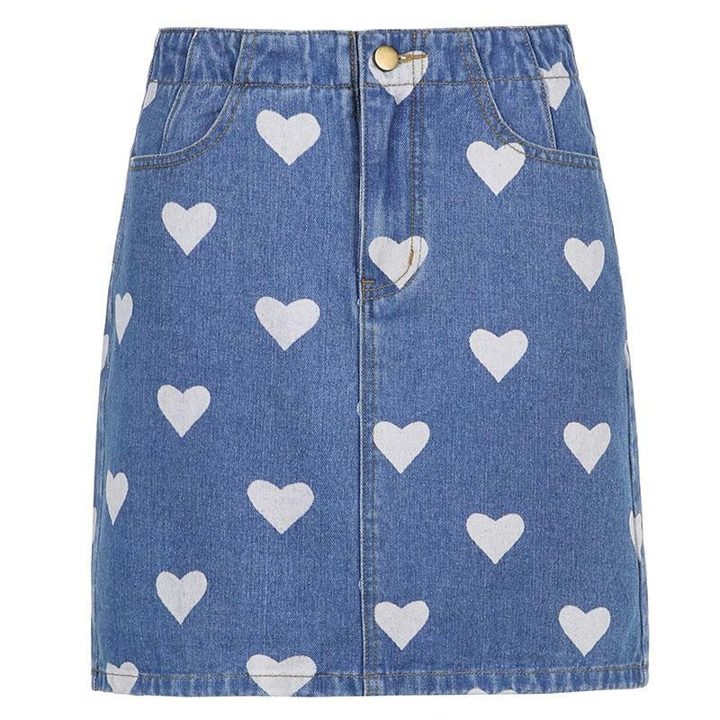 Y2K Polka Hearts Denim Skirt - 90s Grunge Summer Outfit, Retro Y2K Fashion for Women