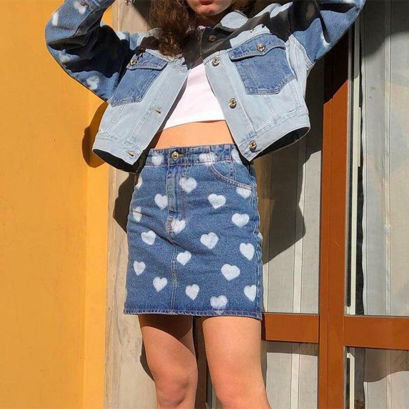 Y2K Polka Hearts Denim Skirt - 90s Grunge Summer Outfit, Retro Y2K Fashion for Women