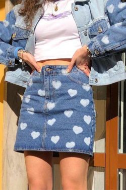 Y2K Polka Hearts Denim Skirt - 90s Grunge Summer Outfit, Retro Y2K Fashion for Women