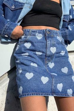 Y2K Polka Hearts Denim Skirt - 90s Grunge Summer Outfit, Retro Y2K Fashion for Women