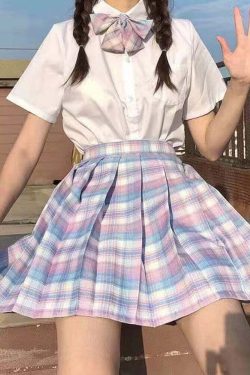 Y2K Preppy Pleated Plaid Skirt with Bow - Pink White Blue, 90s Grunge Summer Outfit