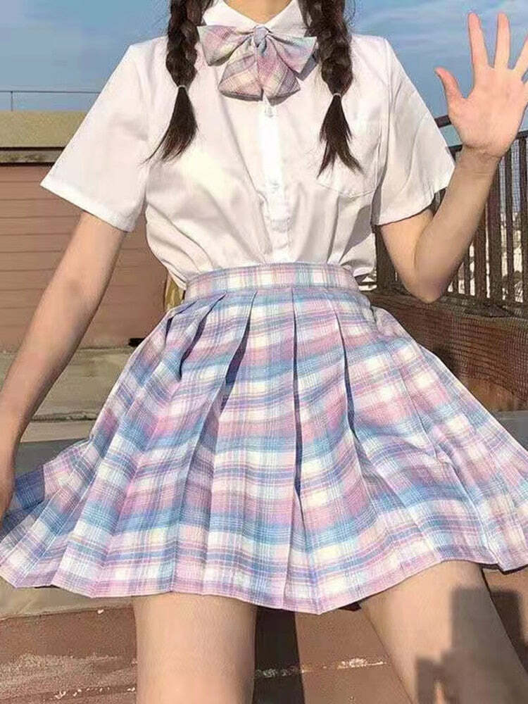 Y2K Preppy Pleated Plaid Skirt with Bow - Pink White Blue, 90s Grunge Summer Outfit