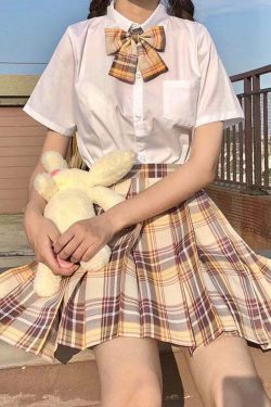 Y2K Preppy Pleated Plaid Skirt with Bow - Retro 90s Grunge Summer Outfit