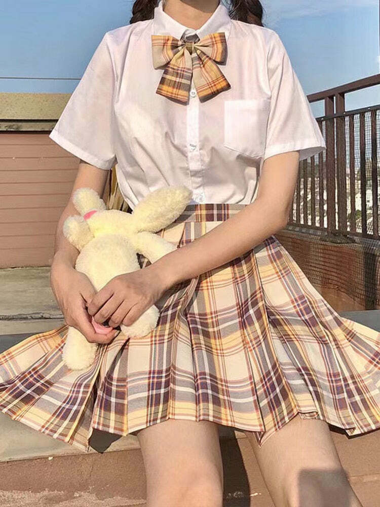 Y2K Preppy Pleated Plaid Skirt with Bow - Retro 90s Grunge Summer Outfit