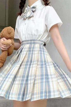 Y2K Preppy Pleated Plaid Skirt with Bow - White Blue | 90s Grunge Summer Outfit