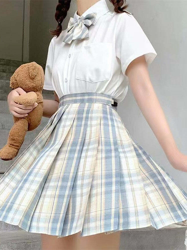 Y2K Preppy Pleated Plaid Skirt with Bow - White Blue | 90s Grunge Summer Outfit