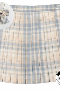 Y2K Preppy Pleated Plaid Skirt with Bow - White Blue | 90s Grunge Summer Outfit