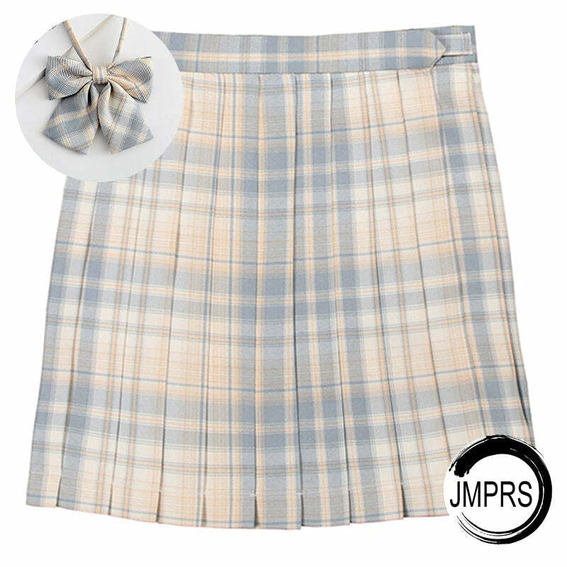 Y2K Preppy Pleated Plaid Skirt with Bow - White Blue | 90s Grunge Summer Outfit