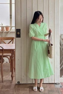 Y2K Puff-Sleeve Long Wrap Dress - 90s Grunge, Retro Summer, Party & Club Outfits for Women