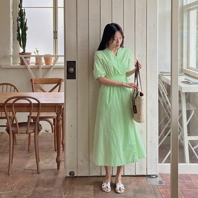 Y2K Puff-Sleeve Long Wrap Dress - 90s Grunge, Retro Summer, Party & Club Outfits for Women