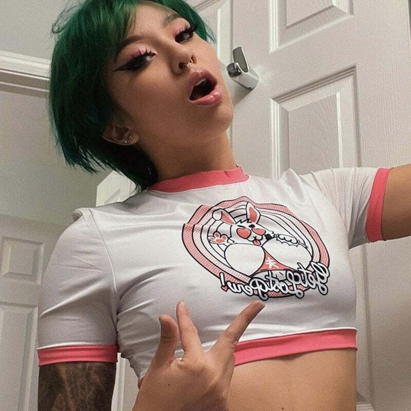 Y2K Rabbit Crop Top - Retro 90s Grunge, Summer Y2K Outfits, Pastel Goth, Y2K Party Fashion