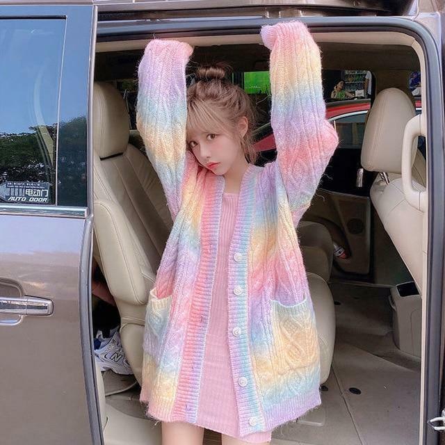 Y2K Rainbow Knit Sweater - Retro 90s Grunge, Pastel Goth, Summer Y2K Outfits, Popstar Style