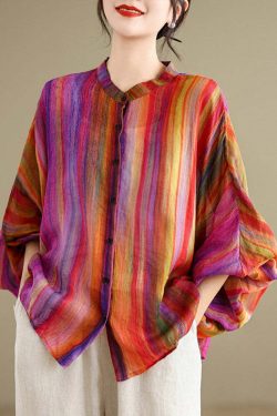 Y2K Rainbow Striped Linen Blouse - Retro 90s Grunge Batwing Sleeve Top for Summer Outfits