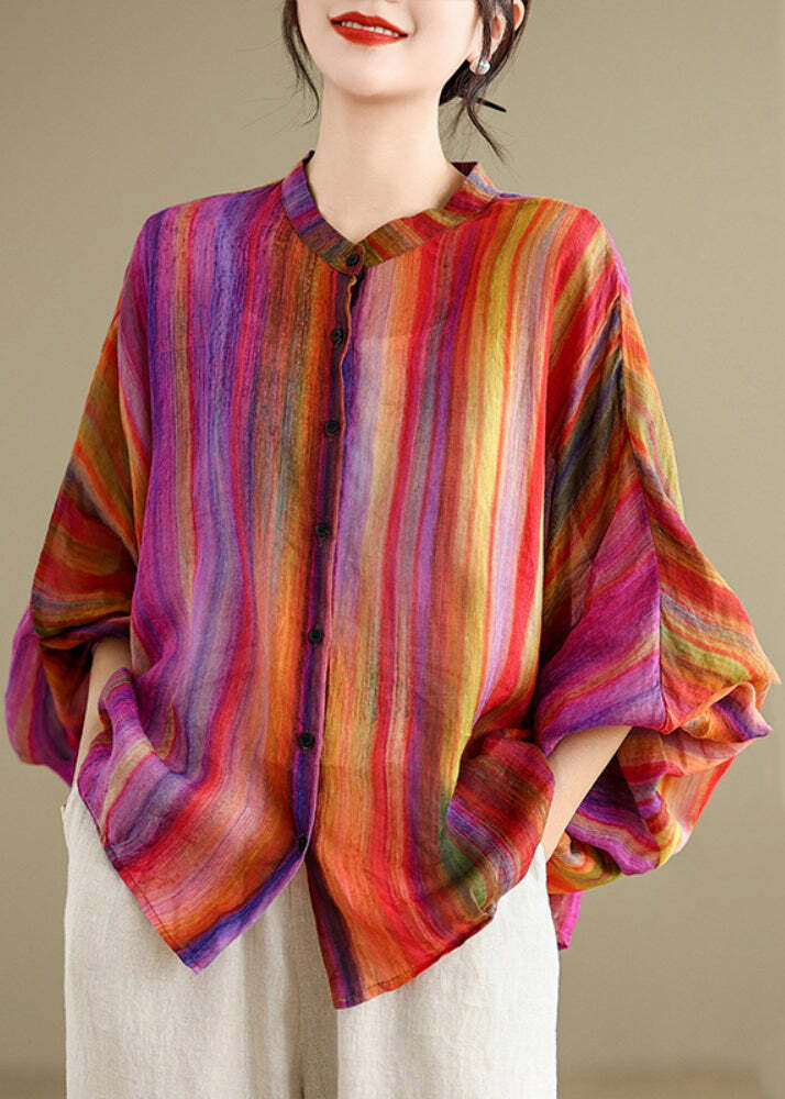 Y2K Rainbow Striped Linen Blouse - Retro 90s Grunge Batwing Sleeve Top for Summer Outfits