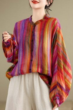 Y2K Rainbow Striped Linen Blouse - Retro 90s Grunge Batwing Sleeve Top for Summer Outfits