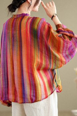 Y2K Rainbow Striped Linen Blouse - Retro 90s Grunge Batwing Sleeve Top for Summer Outfits